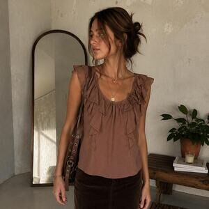 Blue Orchid 100% Silk Ruffle Blouse Mocha Brown Size M